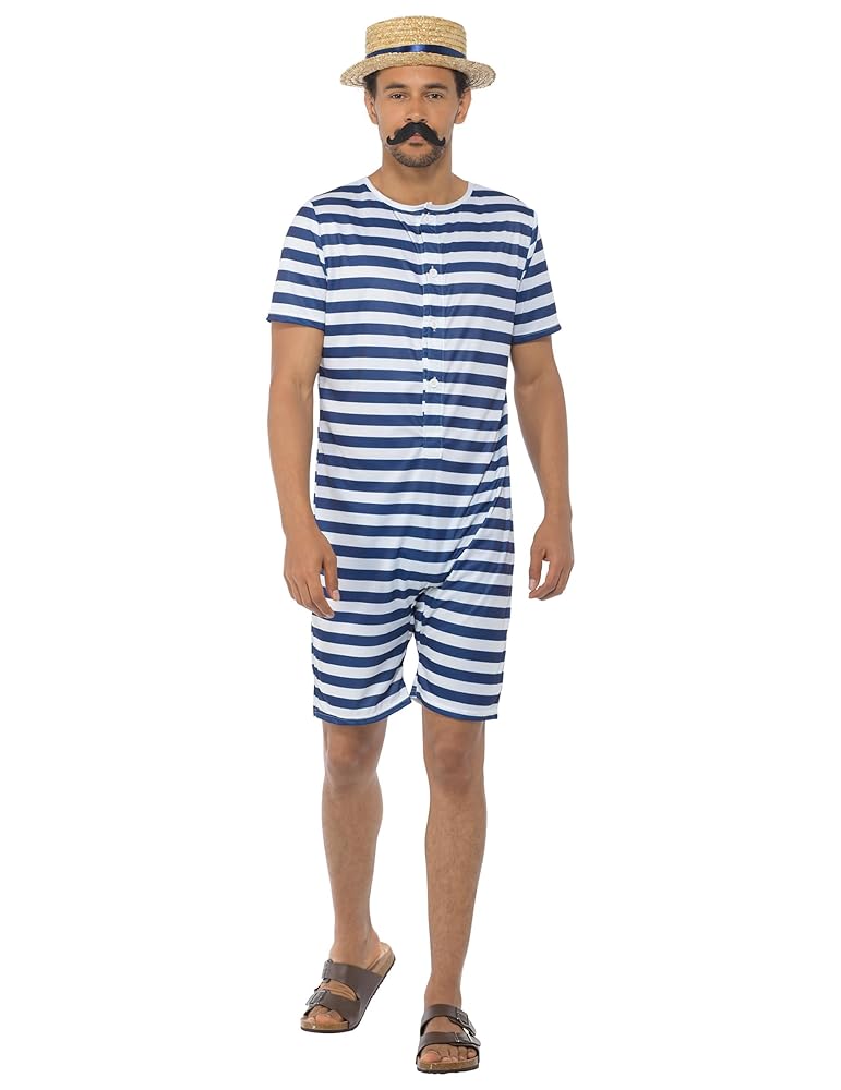 Amazon.com: 藍色條紋舊時代20 年代泳衣男士服裝L 號42-44, 白色